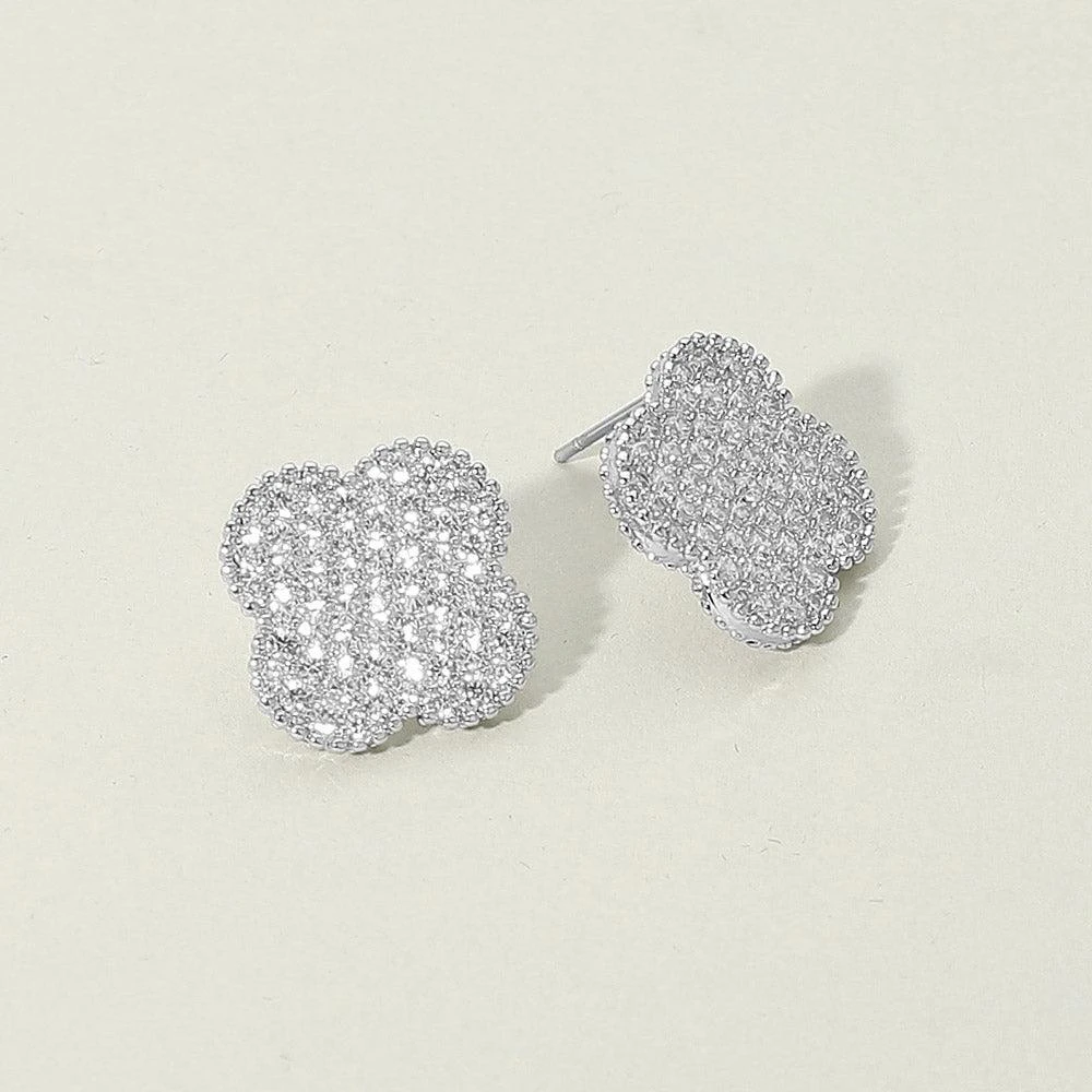 商品FASHNZFAB|14K Gold Plated CZ Stone Paved Quatrefoil Stud Earrings - Rhodium,价格¥236,第1张图片