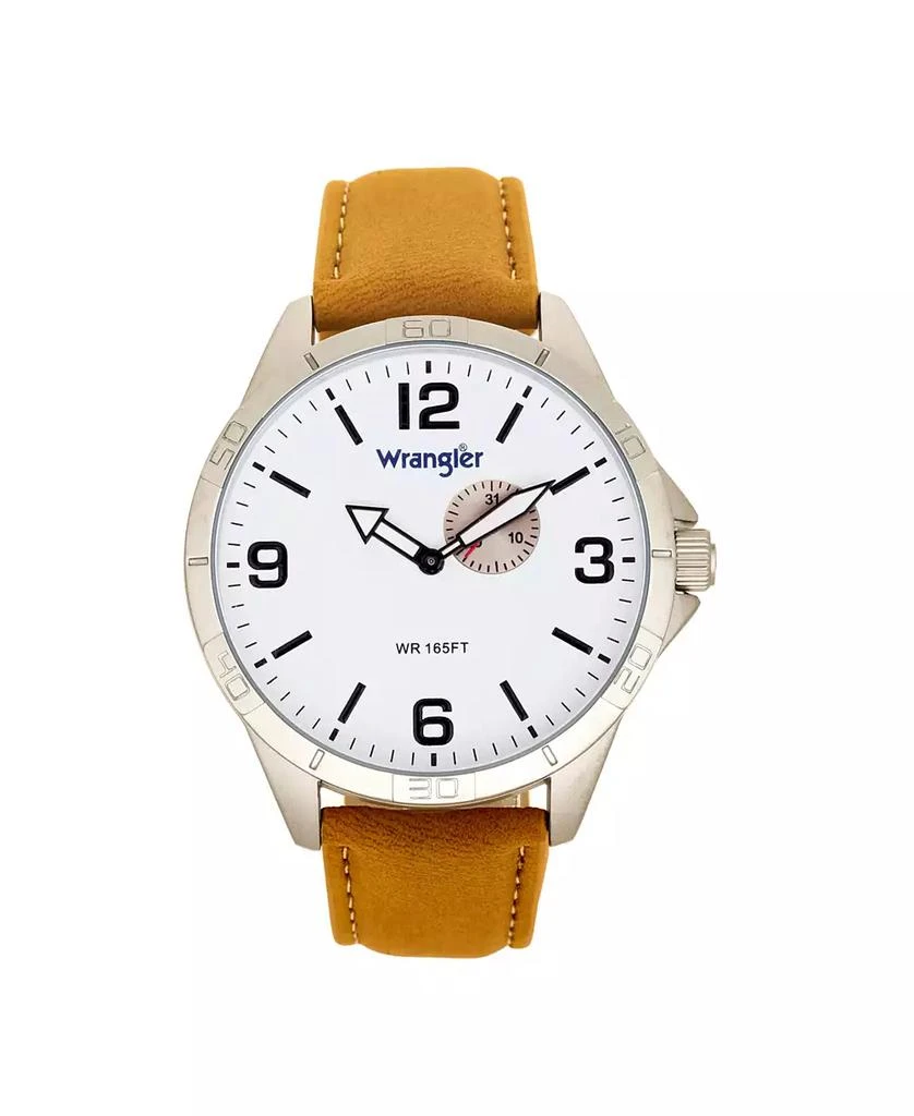 商品Wrangler|Men's Watch, 48MM IP Silver Case with White Dial, Second Hand Sub Dial, Tan Strap,价格¥463,第1张图片