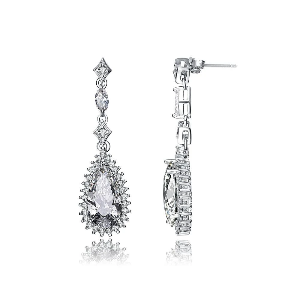 商品Genevive|Sterling Silver White gold Plated Pear Drop Cubic Zirconia with Halo Burst Earrings,价格¥804,第2张图片详细描述