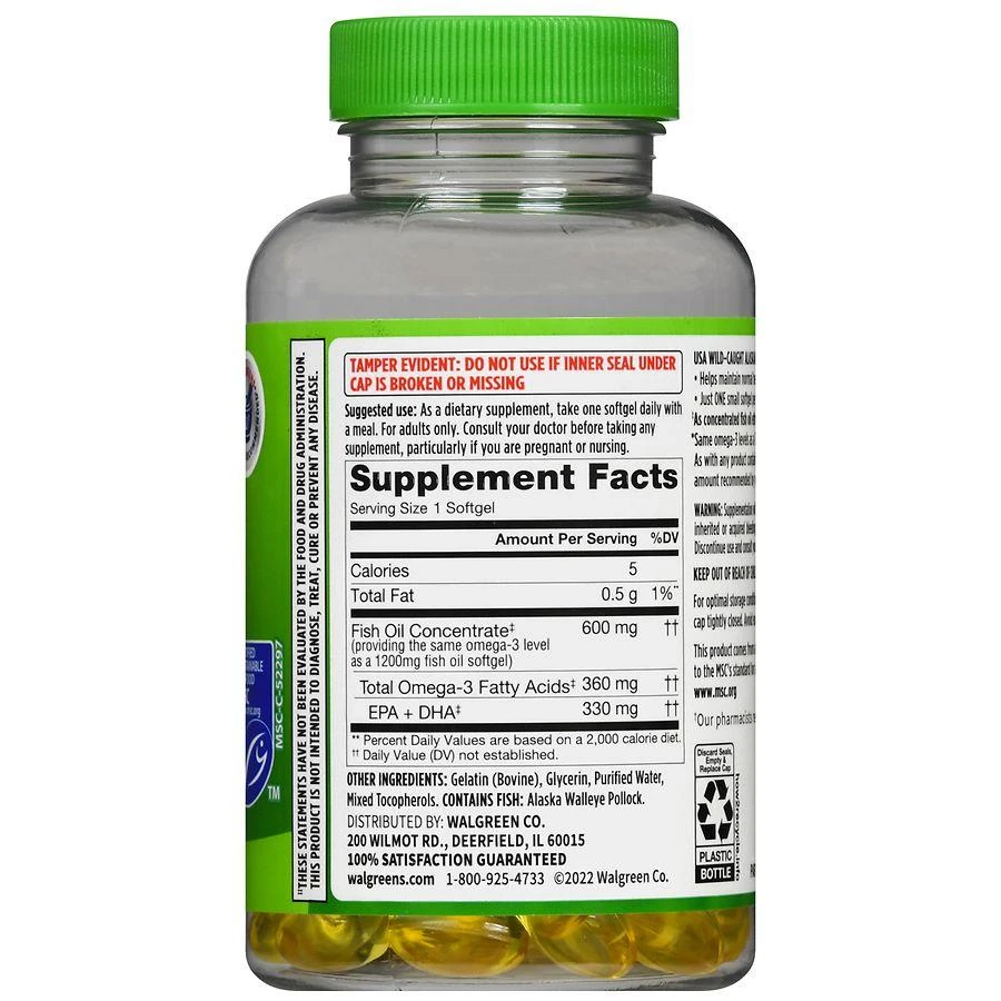 商品Walgreens|Wild-Caught Alaskan Half-the-Size Fish Oil with Omega-3 1200 mg Softgels,价格¥104,第3张图片详细描述