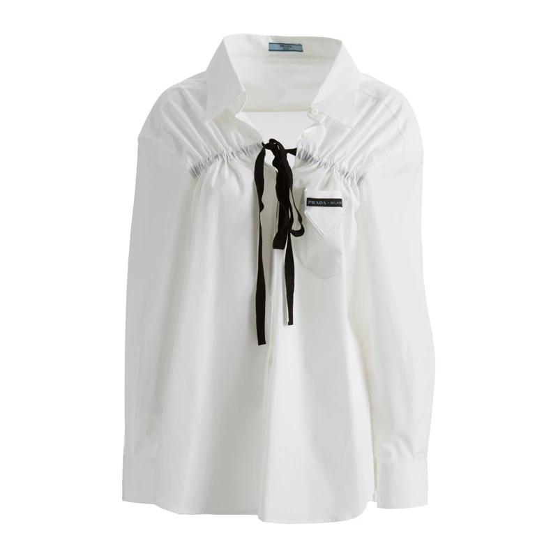 商品Prada|PRADA 女士白色黑色蝴蝶结系带长袖衬衫 P443E-1LZC-F0009,价格¥4248,第1张图片