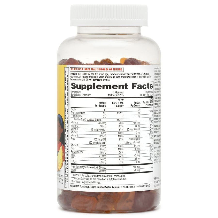 商品Walgreens|Children's Complete Multivitamin Gummies (190 days) Natural Cherry, Mixed Berry, Orange and Pineapple,价格¥119,第2张图片详细描述