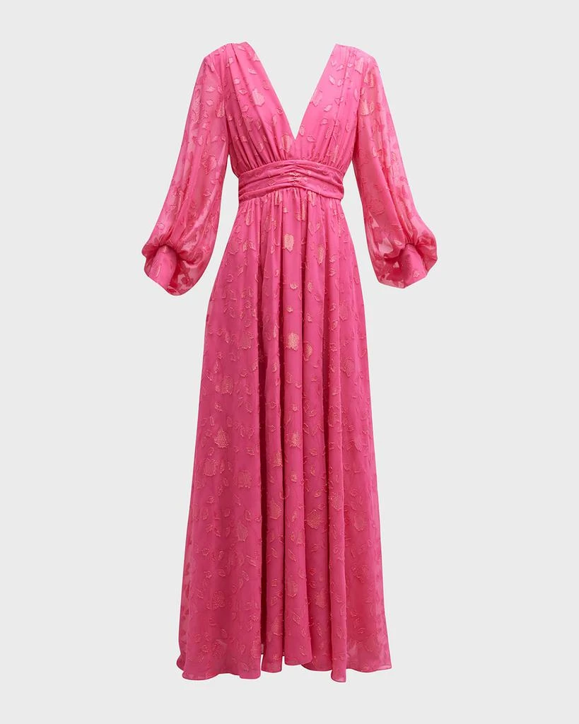 商品One33 Social|Deep V-Neck Balloon-Sleeve Floral Burnout Gown,价格¥899,第3张图片详细描述