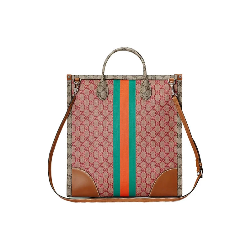 商品Gucci|【预售3-7天】古驰23新款兔年限定系列男士粉色/米色/乌木色帆布配皮条纹图案钩扣开合手提托特包723885FAA068343,价格¥16340,第5张图片详细描述