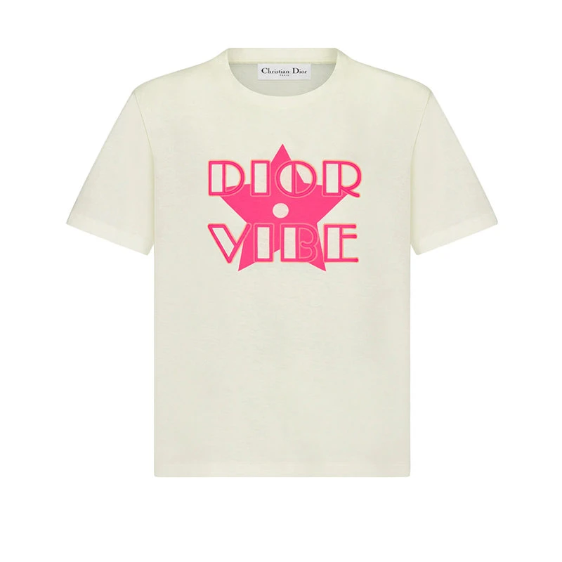 商品Dior|【预售3-7天】DIOR/迪奥 22年春夏新款 VIBE系列 女士米白色/荧光粉色棉质和亚麻混纺幸运星星Logo印花短袖T恤223T19A4497_X4846,价格¥7248,第1张图片