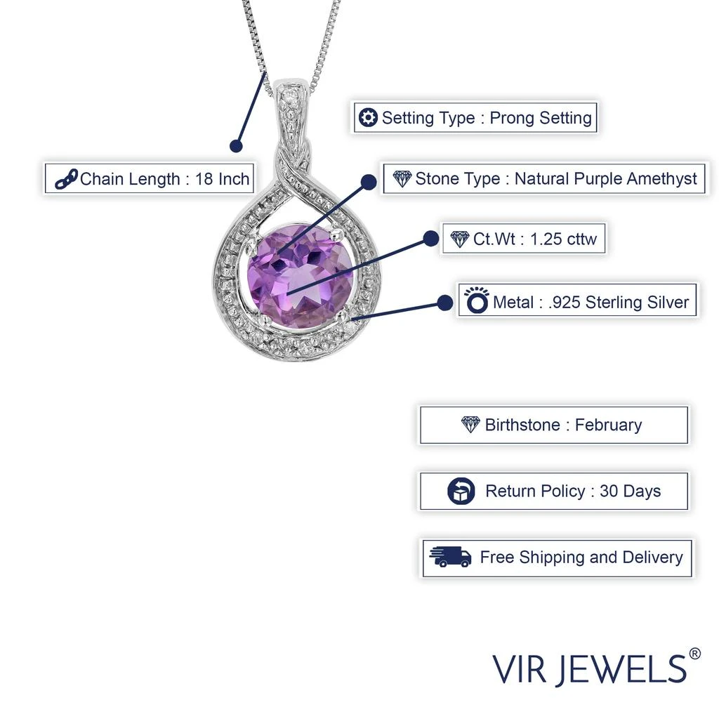 商品Vir Jewels|1.25 cttw Purple Amethyst Pendant Necklace .925 Sterling Silver 7 MM Round,价格¥402,第5张图片详细描述