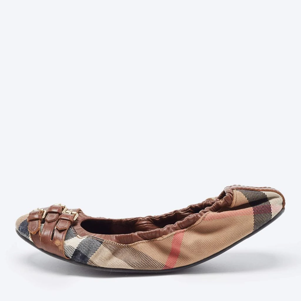 商品[二手商品] Burberry|Burberry Tricolor Leather and House Check Canvas Buckle Detail Scrunch Ballet Flats Size 38,价格¥879,第1张图片