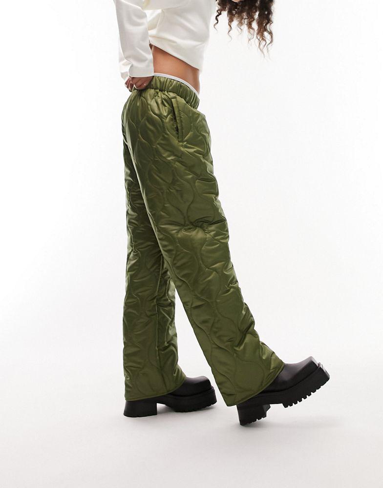Topshop quilted puffer straight leg trouser in khaki商品第1张图片规格展示