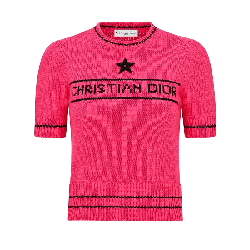 商品Dior|【预售3-7天】DIOR/迪奥 22年早春新款 女士亮粉色羊毛和羊绒混纺针织面料标志星星图案刺绣短袖针织衫毛衣224S09AM308_X4800,价格¥15785,第1张图片