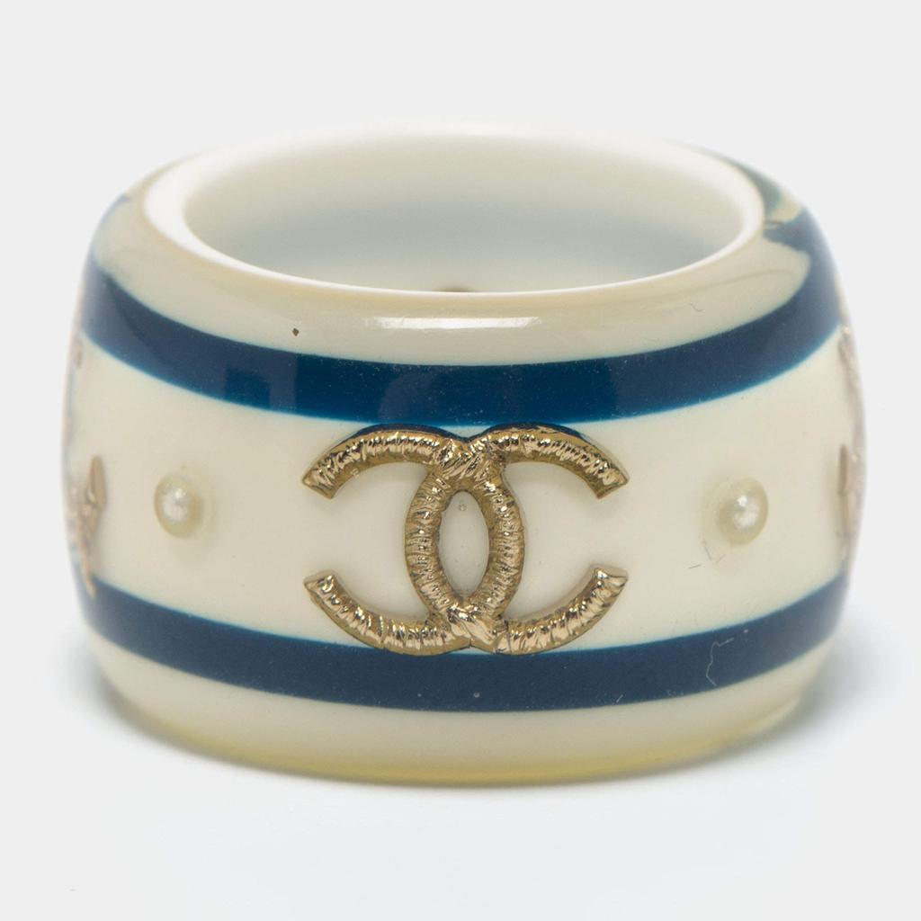 商品[二手商品] Chanel|Chanel CC Resin Faux Pearl Gold Tone Metal Ring Size 53,价格¥3004,第4张图片详细描述