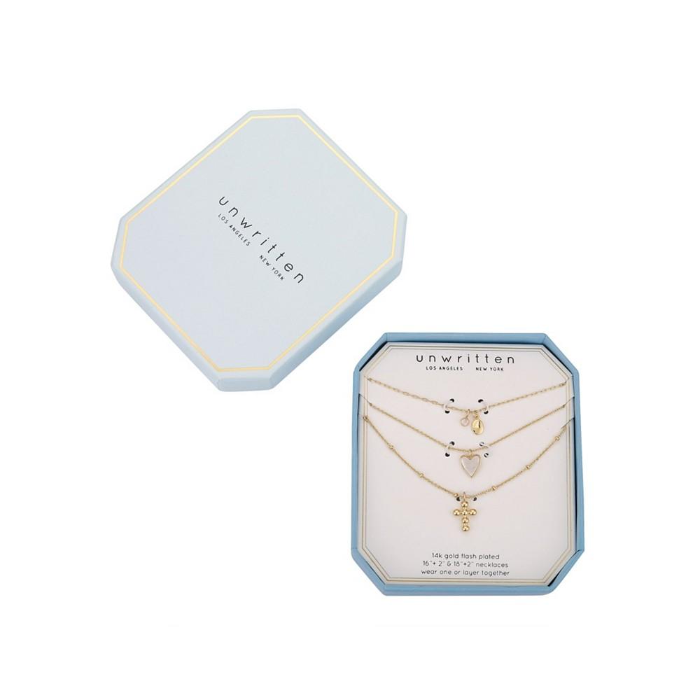 14K Gold Flash-Plated 3-Pieces Genuine Mother Of Pearl Heart and Cross Layered Pendants Set商品第2张图片规格展示