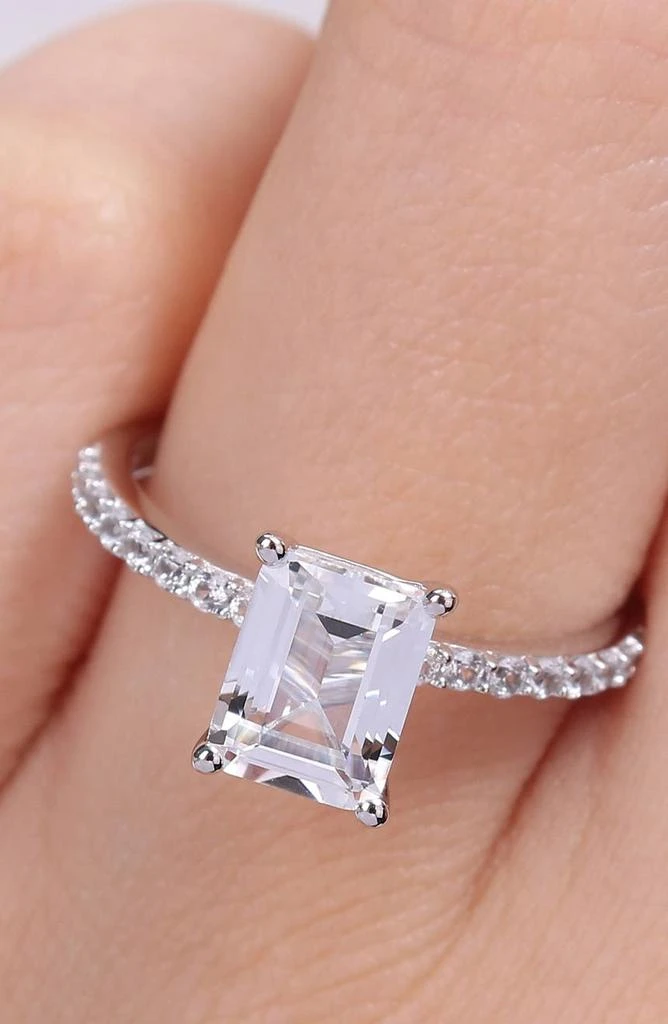 商品DELMAR|10K White Gold Plated Sterling Silver Emerald Cut Created White Sapphire Ring,价格¥3690,第2张图片详细描述