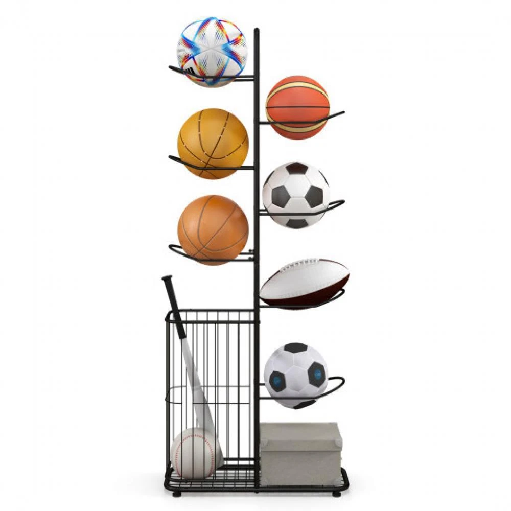 Metal Basketball Holder with 7 Removable Hanging Rods and Side Ball Basket 商品