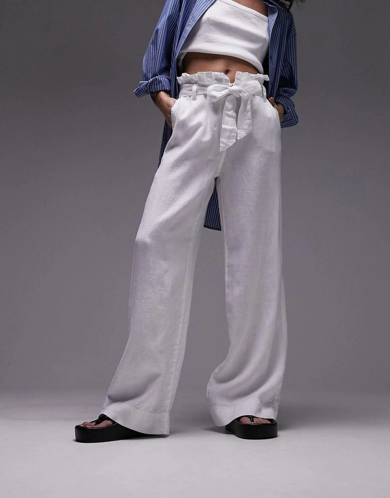 商品Topshop|Topshop linen high waist paperbag wide leg trouser in white,价格¥457,第1张图片