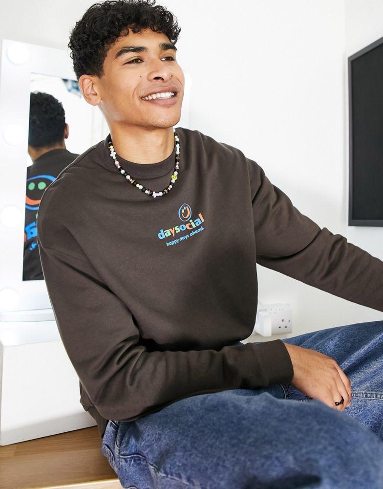 商品ASOS|ASOS Daysocial oversized sweatshirt with multi colour logo front and back prints in brown,价格¥214,第5张图片详细描述