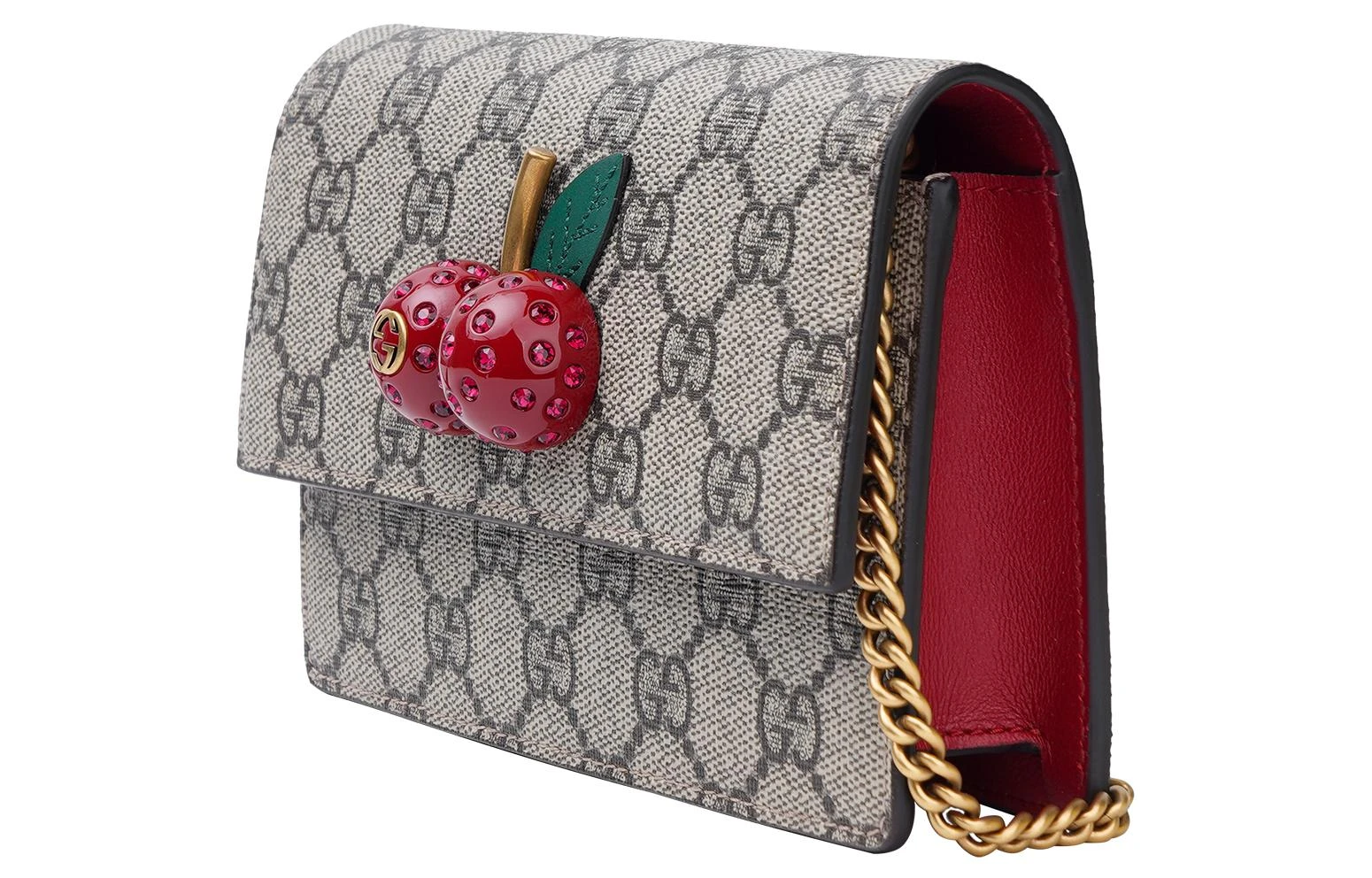 商品[国内直发] Gucci|古驰 立体樱桃装饰老花Logo 帆布拼皮 帆布包链条包斜挎单肩包 迷你 女款 乌木色/红色,价格¥5633,第3张图片详细描述