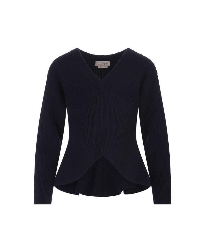 商品Alexander McQueen|Woman Navy Blue Sweater With Asymmetrical Hem,价格¥6837,第1张图片