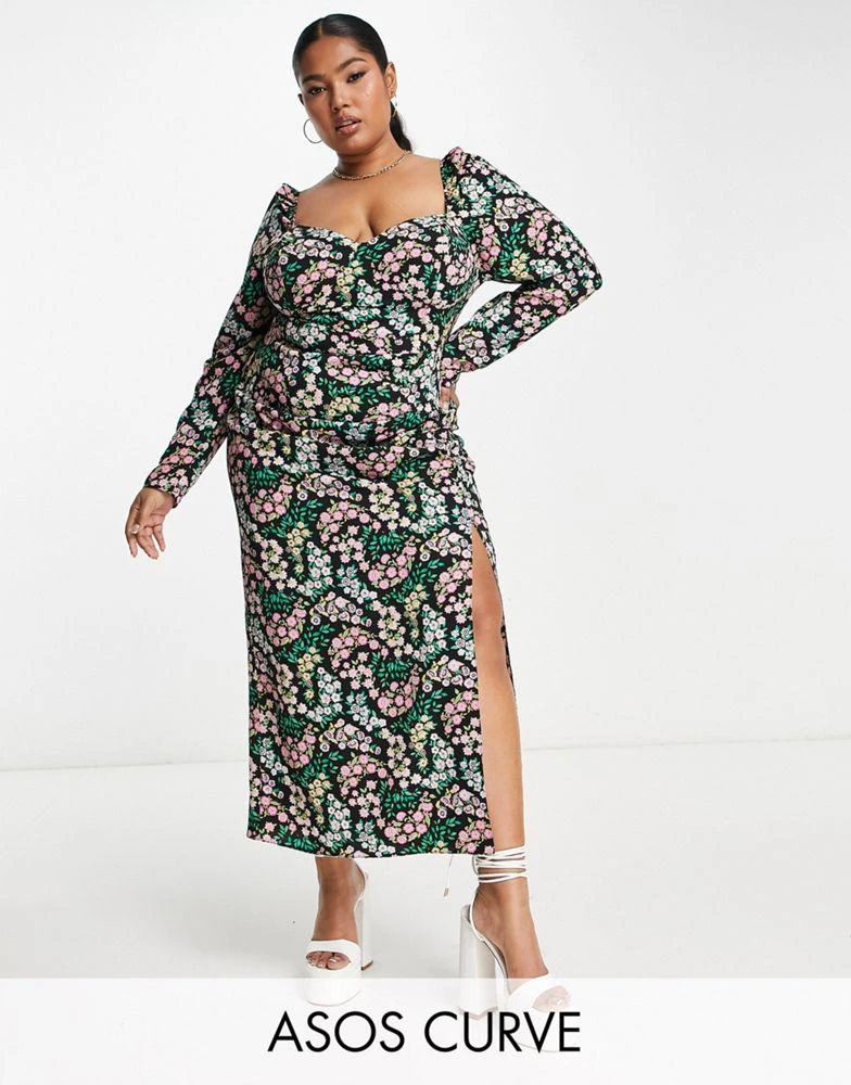 商品ASOS|ASOS DESIGN Curve bust cup midi tea dress in ditsy floral print,价格¥159,第1张图片