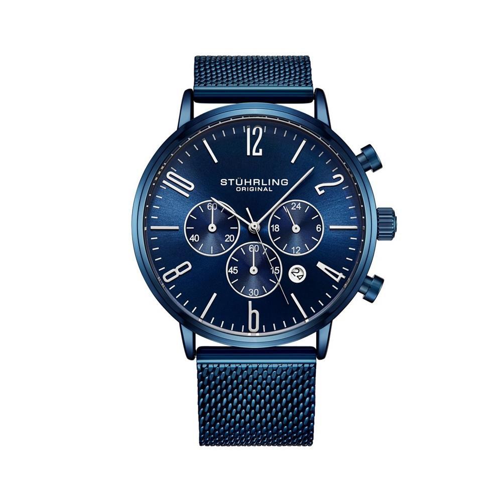 商品Stuhrling|施图灵男士蓝网不锈钢表带手表48mm,价格¥860,第1张图片