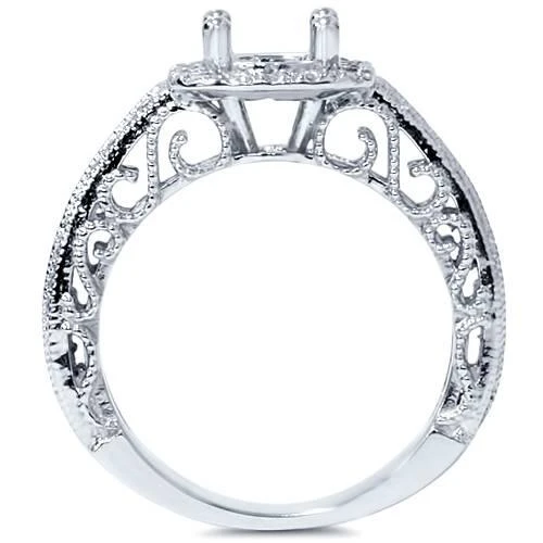 商品Pompeii3|VVS 3/4 Cushion Halo Filigree Engagement Ring Setting 14K White Gold Setting Only,价格¥9548,第2张图片详细描述