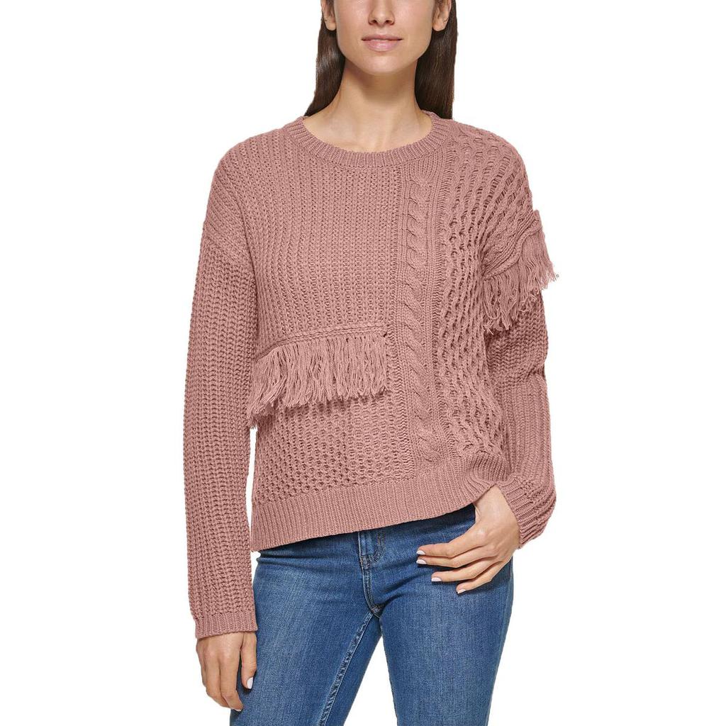 Calvin Klein Womens Open Stitch Fringe Crewneck Sweater商品第2张图片规格展示