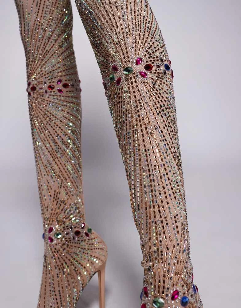 商品AZALEA WANG|Azalea Wang Chevelle mesh sock embellished over the knee boots in beige,价格¥1108,第2张图片详细描述
