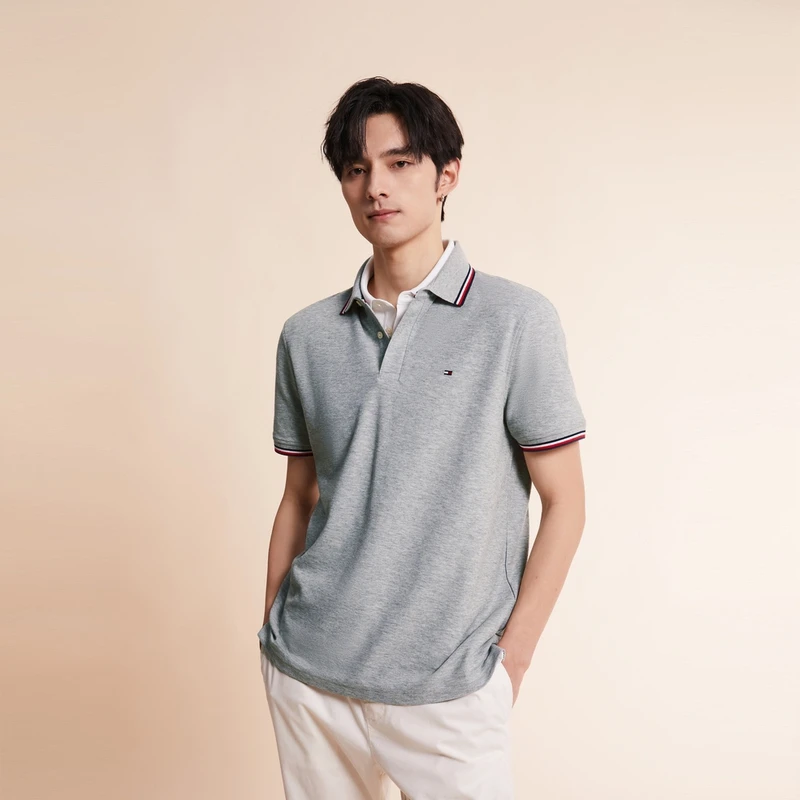 商品[国内直发] Tommy Hilfiger|轻柔感透气珠地网眼短袖镶边翻领polo衫 男款 雾空灰色,价格¥600,第4张图片详细描述