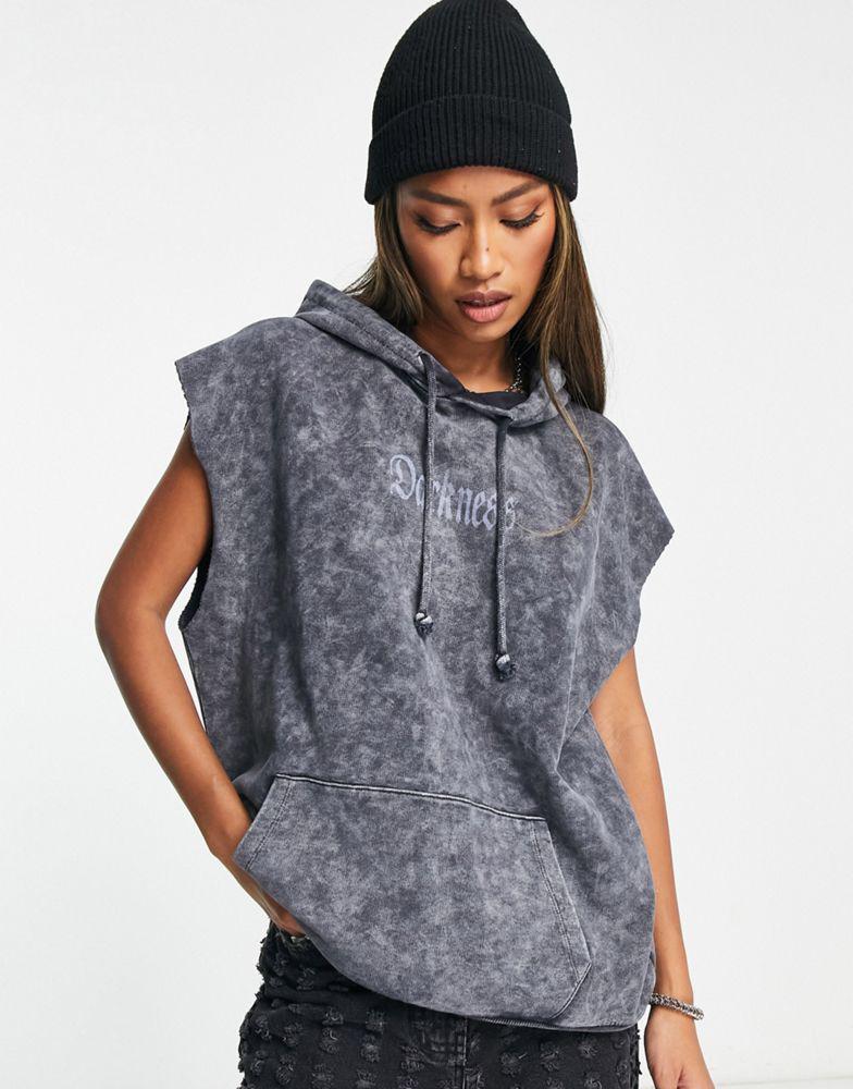 ASOS DESIGN graphic rock sleeveless hoodie in charcoal商品第2张图片规格展示