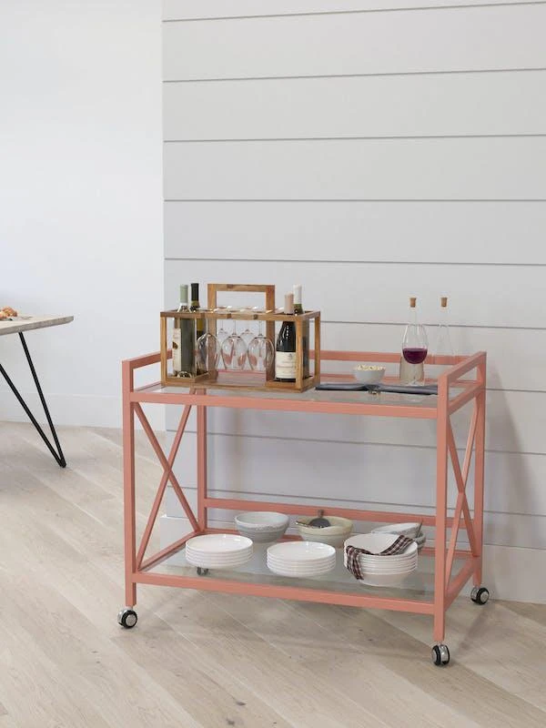 商品Merrick Lane|Belmount Rolling Bar Cart Contemporary Kitchen Serving Cart with Mirrored Bottom Shelf and Crisscross Rose Gold Metal Frame,价格¥780,第1张图片