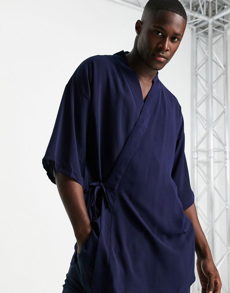 ASOS DESIGN co-ord short lightweight dressing gown with tie side in navy商品第2张图片规格展示