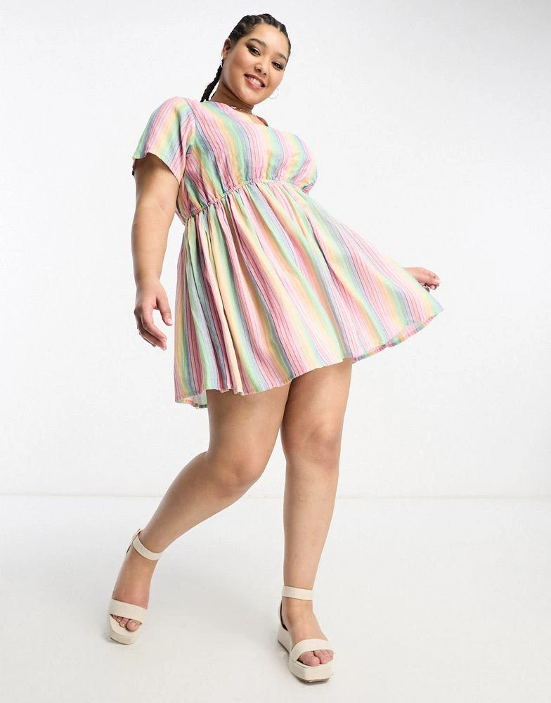 商品Daisy Street|Daisy Street Plus linen mini smock dress in rainbow stripe,价格¥373,第1张图片