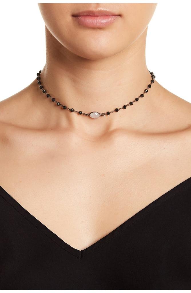 Sterling Silver Moonstone & Black Spinel Beaded Choker Necklace商品第1张图片规格展示