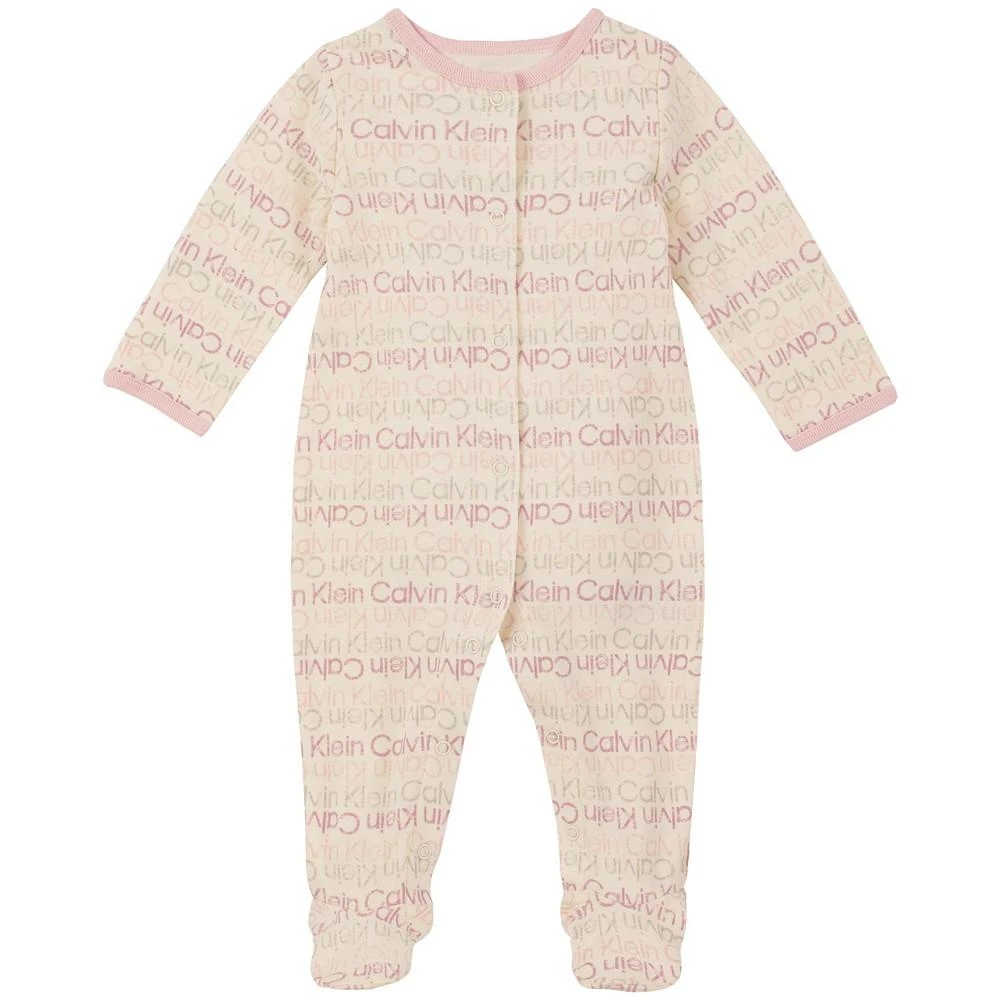 商品Calvin Klein|Baby Girls Logo Print Snap Closure Footed Coverall,价格¥73,第1张图片