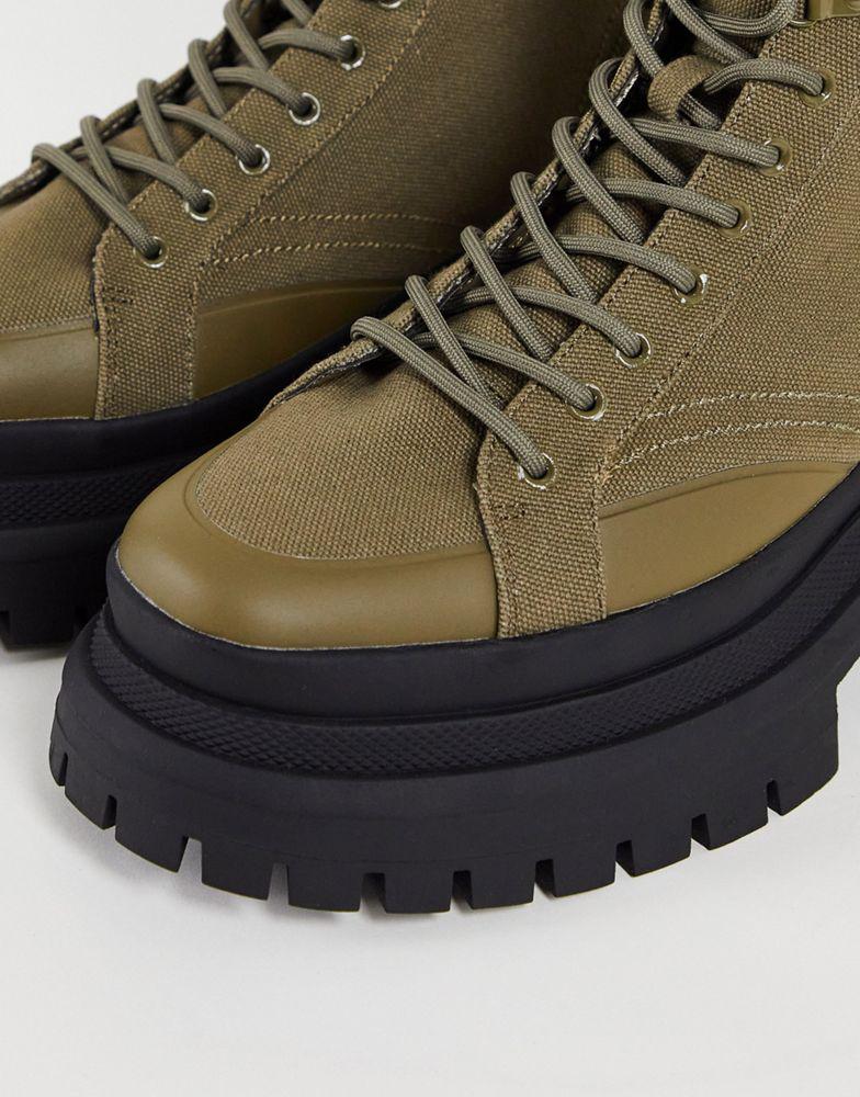 ASOS DESIGN lace up boots in khaki canvas on chunky sole商品第3张图片规格展示