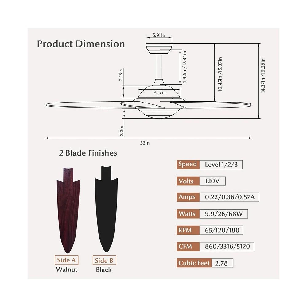 商品Costway|52'' Ceiling Fan with LED Lights & Remote Control 1/2/4/8H Timer & 3 Fan Speeds,价格¥840,第3张图片详细描述