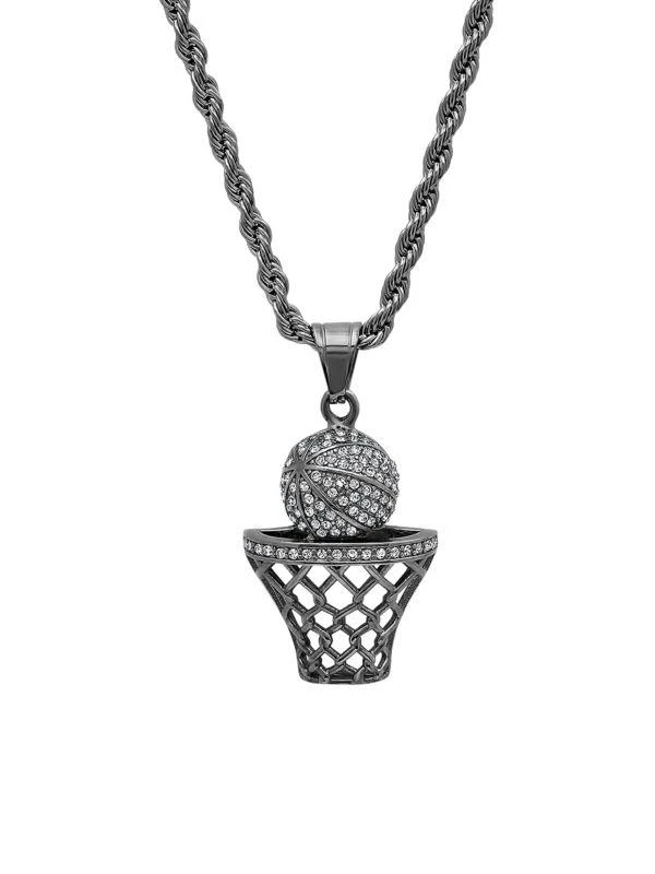 商品Anthony Jacobs|Stainless Steel & Simulated Diamond Basketball and Hoop Pendant Necklace,价格¥469,第1张图片