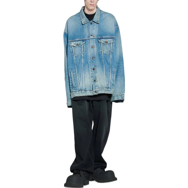 商品[国内直发] Balenciaga|巴黎世家 SS23 水洗仿旧破洞牛仔外套 宽松版型牛仔外套 男款 牛仔蓝,价格¥7663,第4张图片详细描述