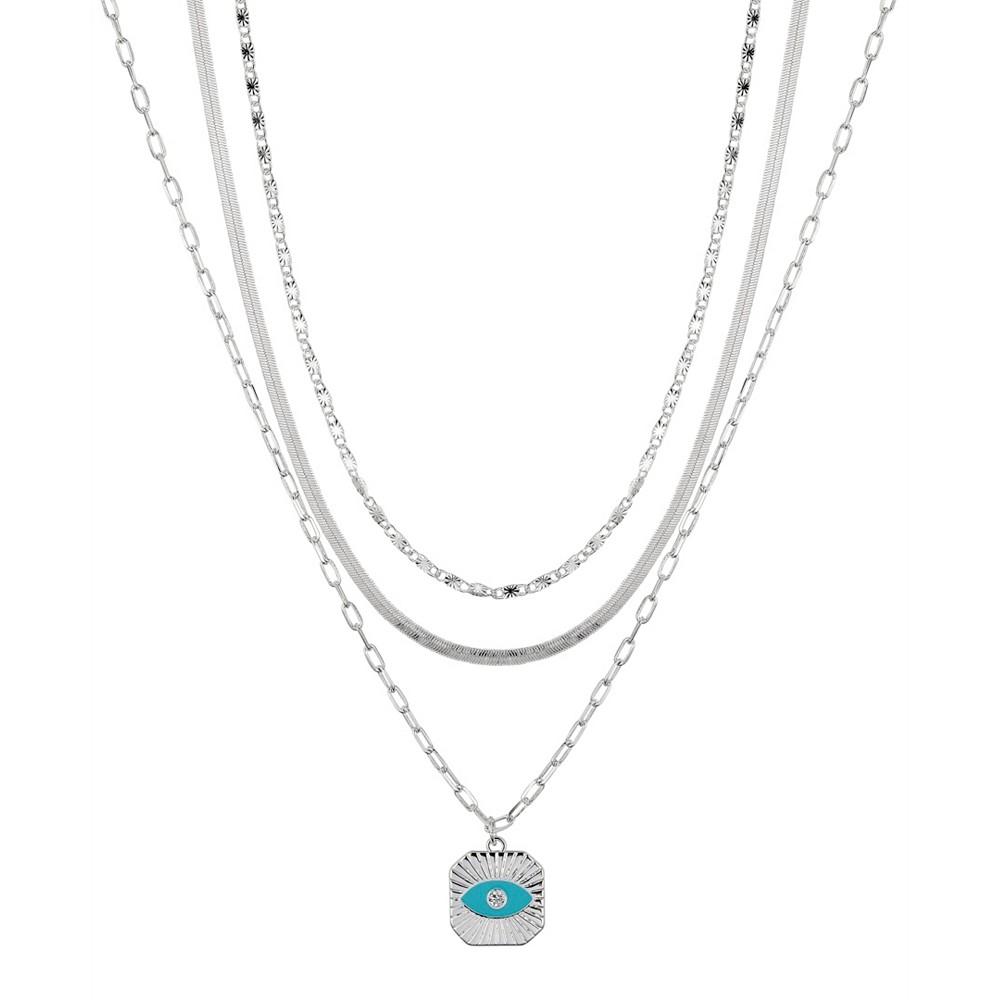 Fine Silver Plated Cubic Zirconia Evil Eye on a Link, Herringbone, Flat Circle Link Chain Necklace Set商品第1张图片规格展示