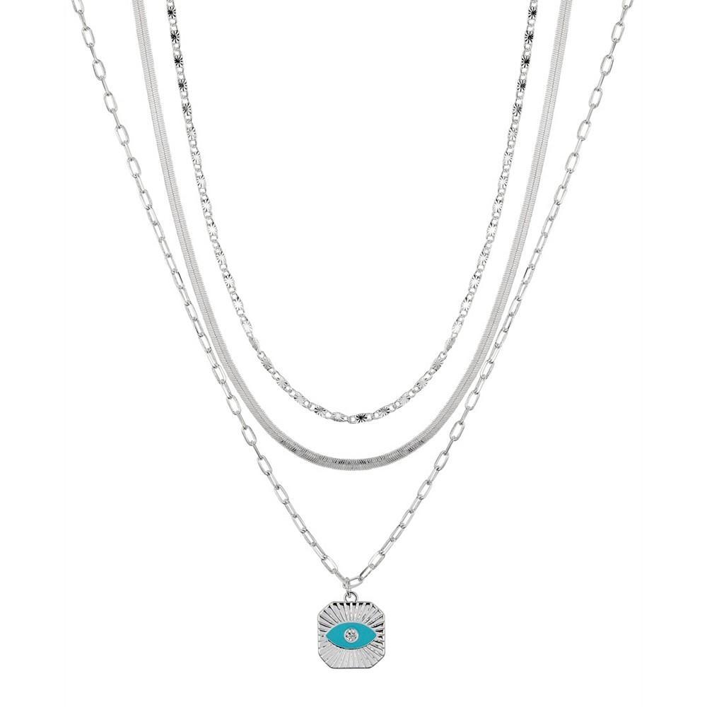 商品Unwritten|Fine Silver Plated Cubic Zirconia Evil Eye on a Link, Herringbone, Flat Circle Link Chain Necklace Set,价格¥215,第1张图片