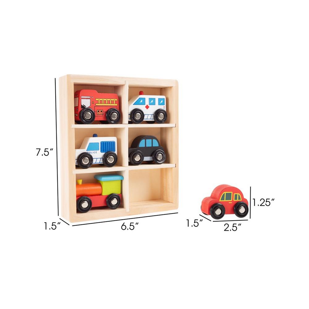Hey Play Wooden Car Playset - Mini Toy Vehicle Set With Cars, Police And Fire Trucks, Train-Pretend Play Fun For Preschool Boys And Girls, 6 Pieces商品第2张图片规格展示