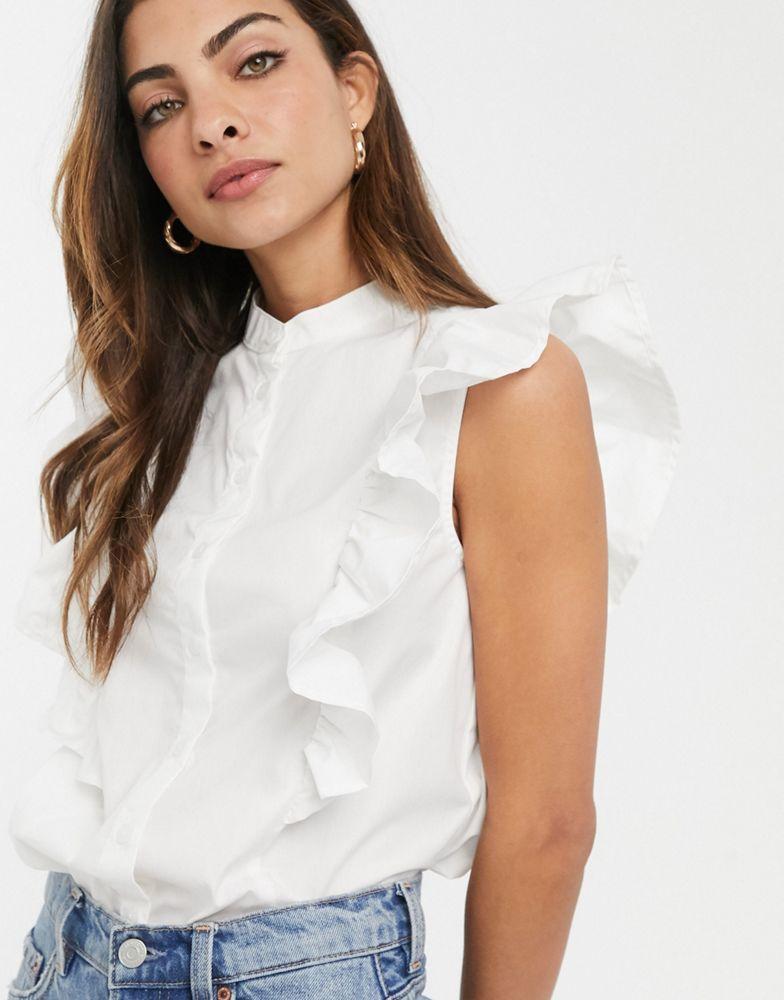 商品ASOS|ASOS DESIGN sleeveless shirt with frill detail in cotton in white,价格¥135,第5张图片详细描述