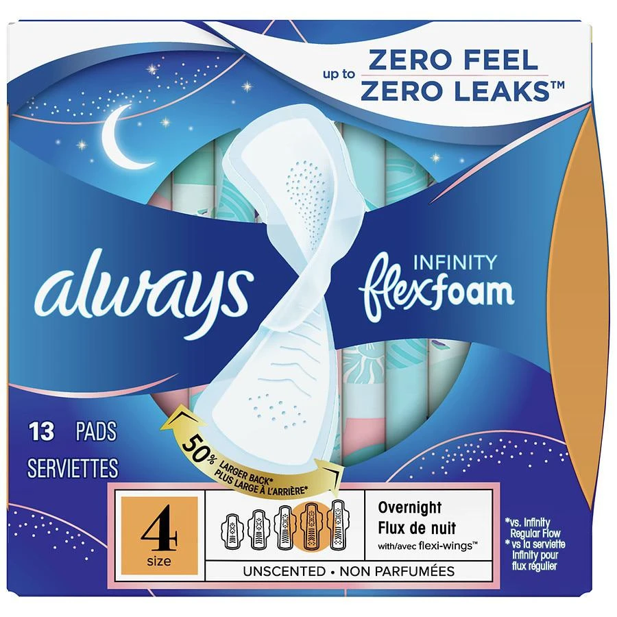 商品Always|Feminine Pads for Women with Wings, Overnight Unscented, Size 4 (38 ct),价格¥133,第1张图片