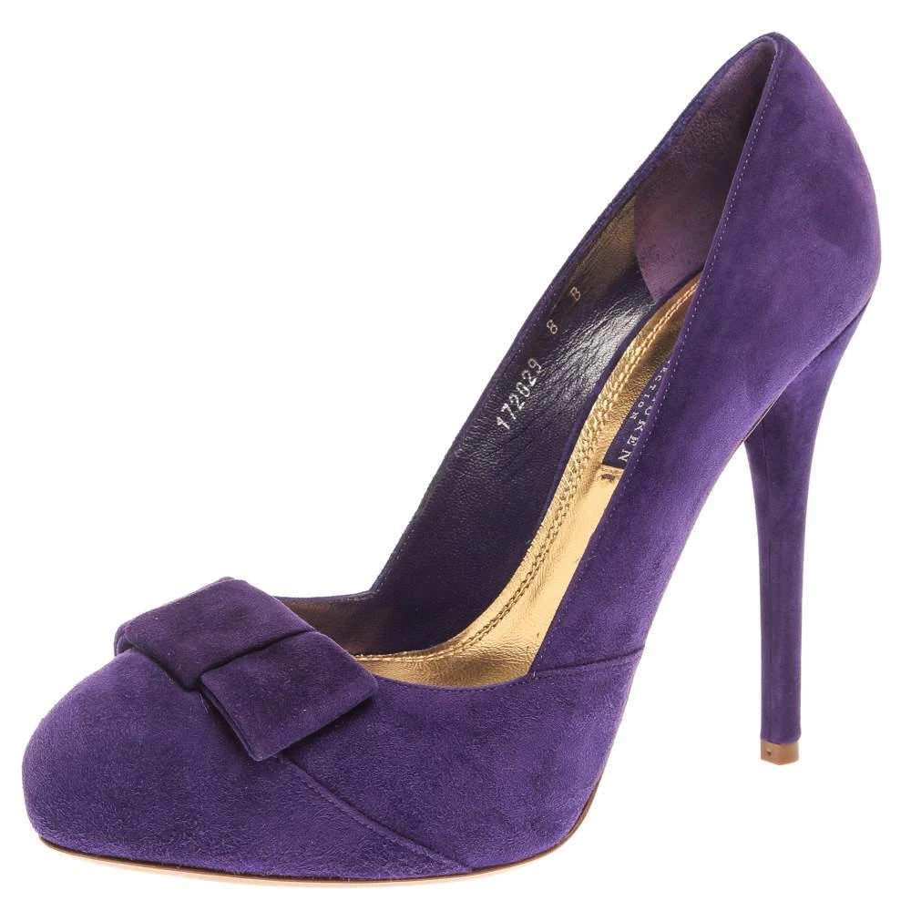 商品[二手商品] Ralph Lauren|Ralph Lauren Collection Purple Suede Bow Detail Platform Pumps Size 38,价格¥1000,第1张图片