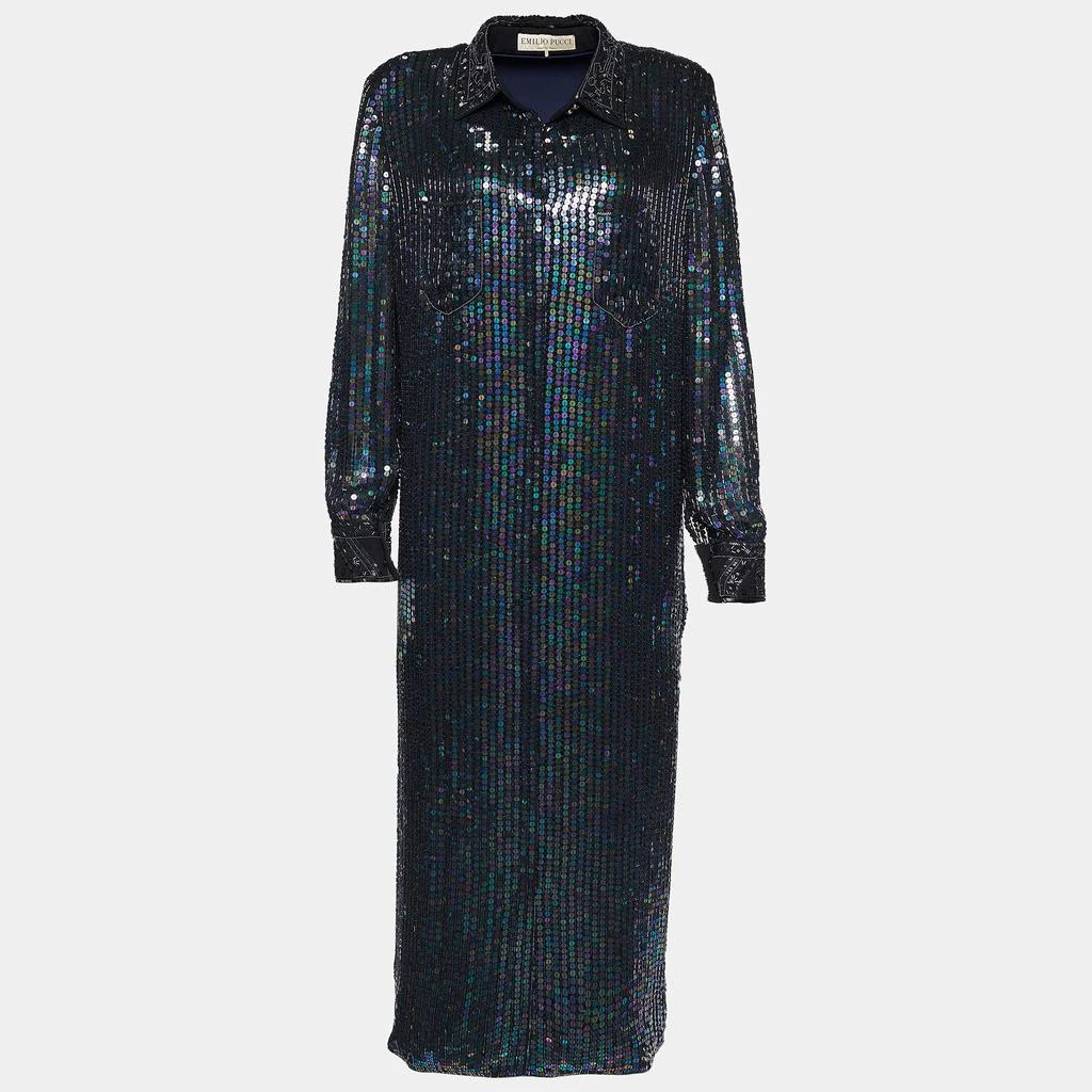 商品[二手商品] EMILIO PUCCI|Emilio Pucci Metallic Sequin & Bead Embellished Silk Button Front Shirt Dress L,价格¥3793,第1张图片