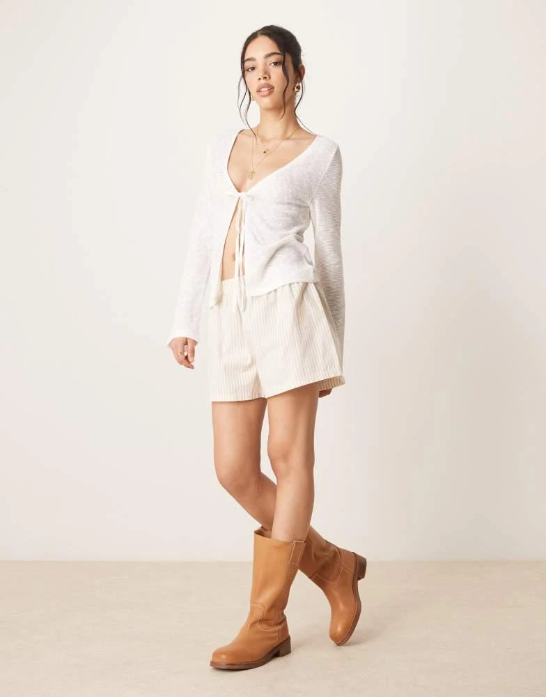 商品ASOS|ASOS DESIGN knit look tie front long sleeve top in cream,价格¥94,第1张图片