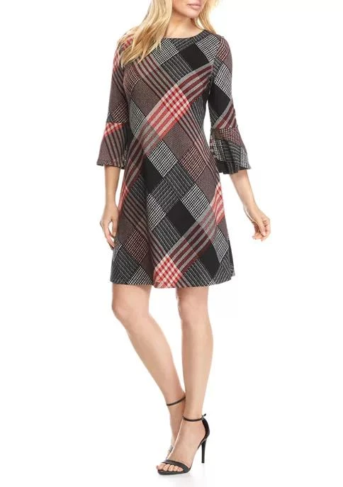 商品Sandra Darren|Darren Womens Plaid Bell Sleeve A Line Dress,价格¥655,第1张图片
