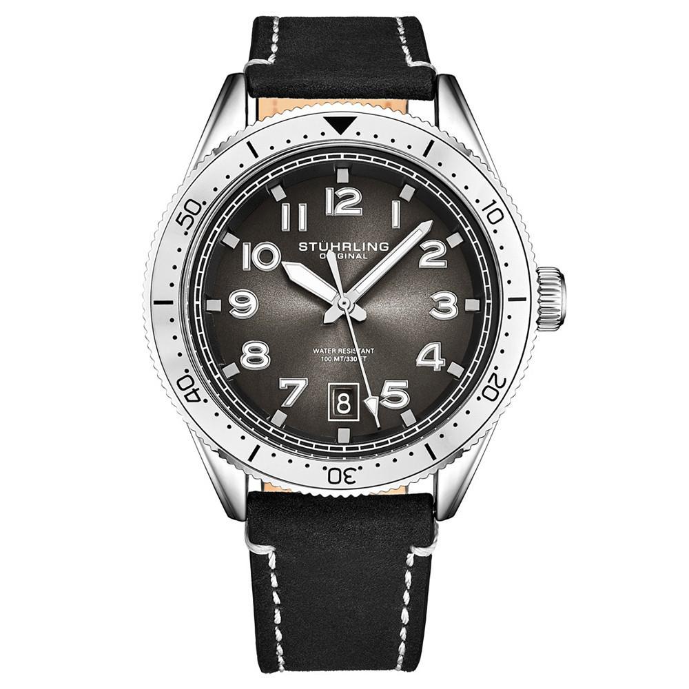 商品Stuhrling|Men's Black Genuine Leather Strap with White Contrast Stitching Watch 42mm,价格¥465,第1张图片