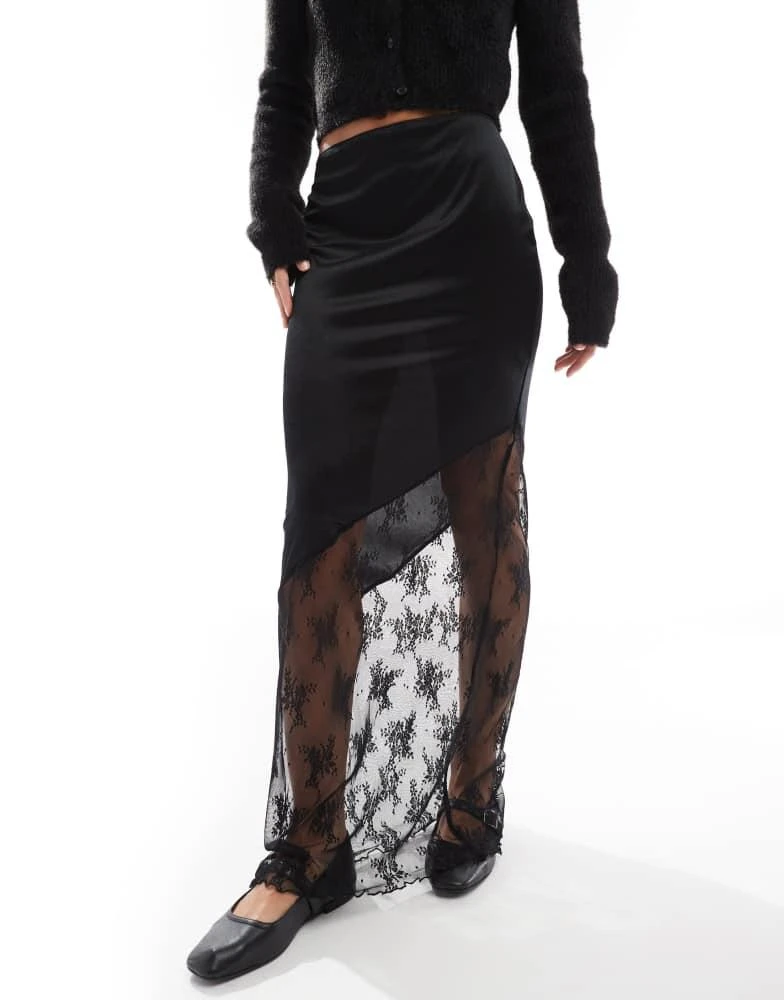 商品ASOS|ASOS DESIGN satin maxi skirt with lace insert in black,价格¥278,第4张图片详细描述