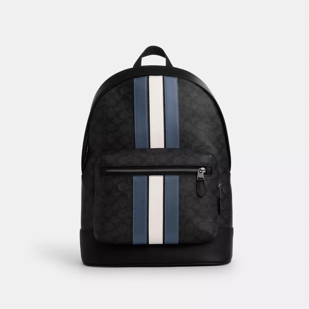 Shop West Backpack In Signature Canvas With Varsity Stripe  display picture 2