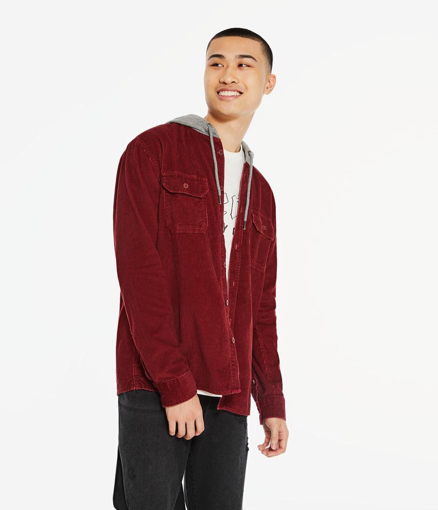 Aeropostale Men's Long Sleeve Hooded Corduroy Button-Down Shirt商品第1张图片规格展示